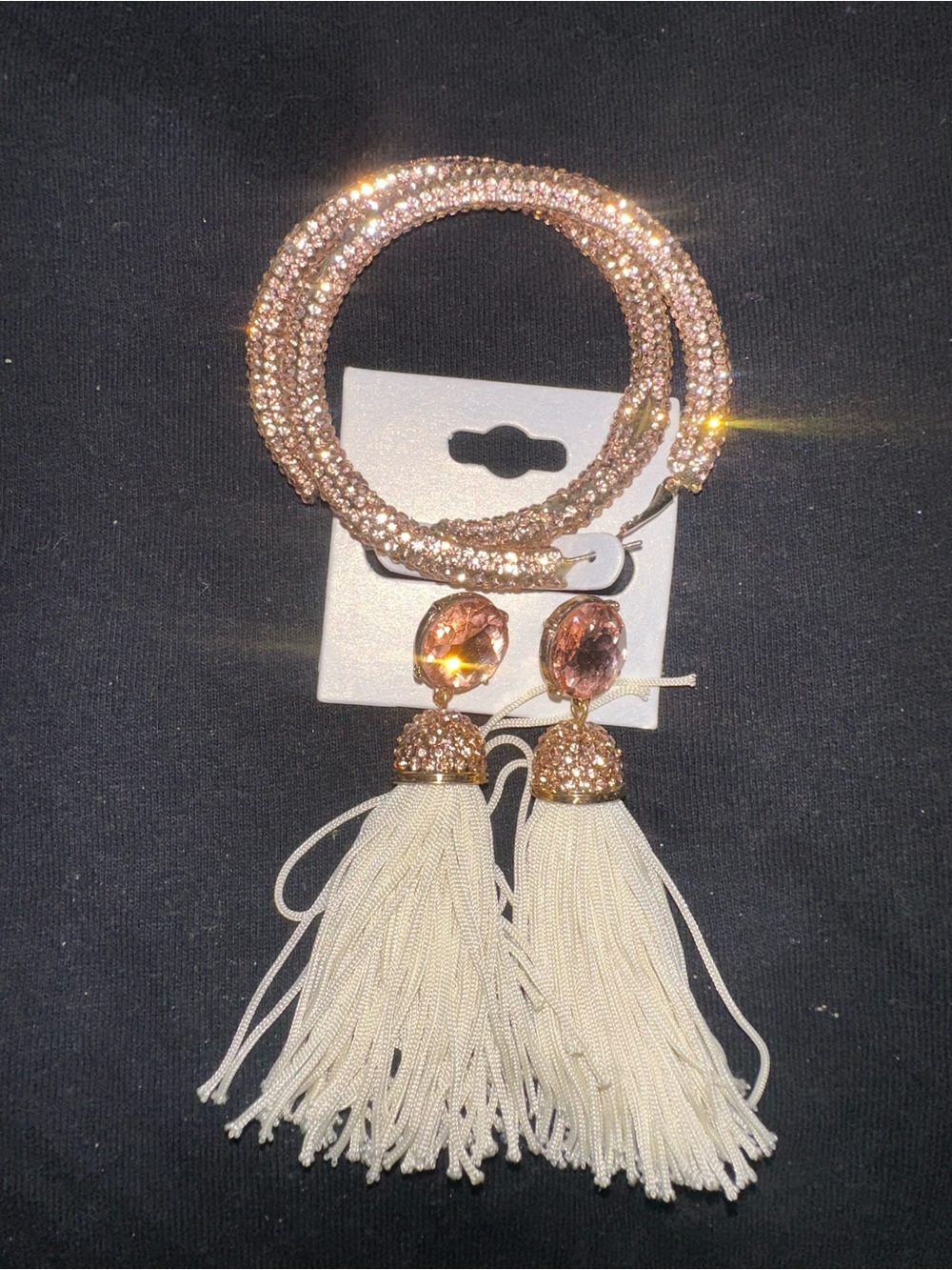 Rose Gold Tassel Rhinestone Hoop Earrings — Sparkling Statement Dangles